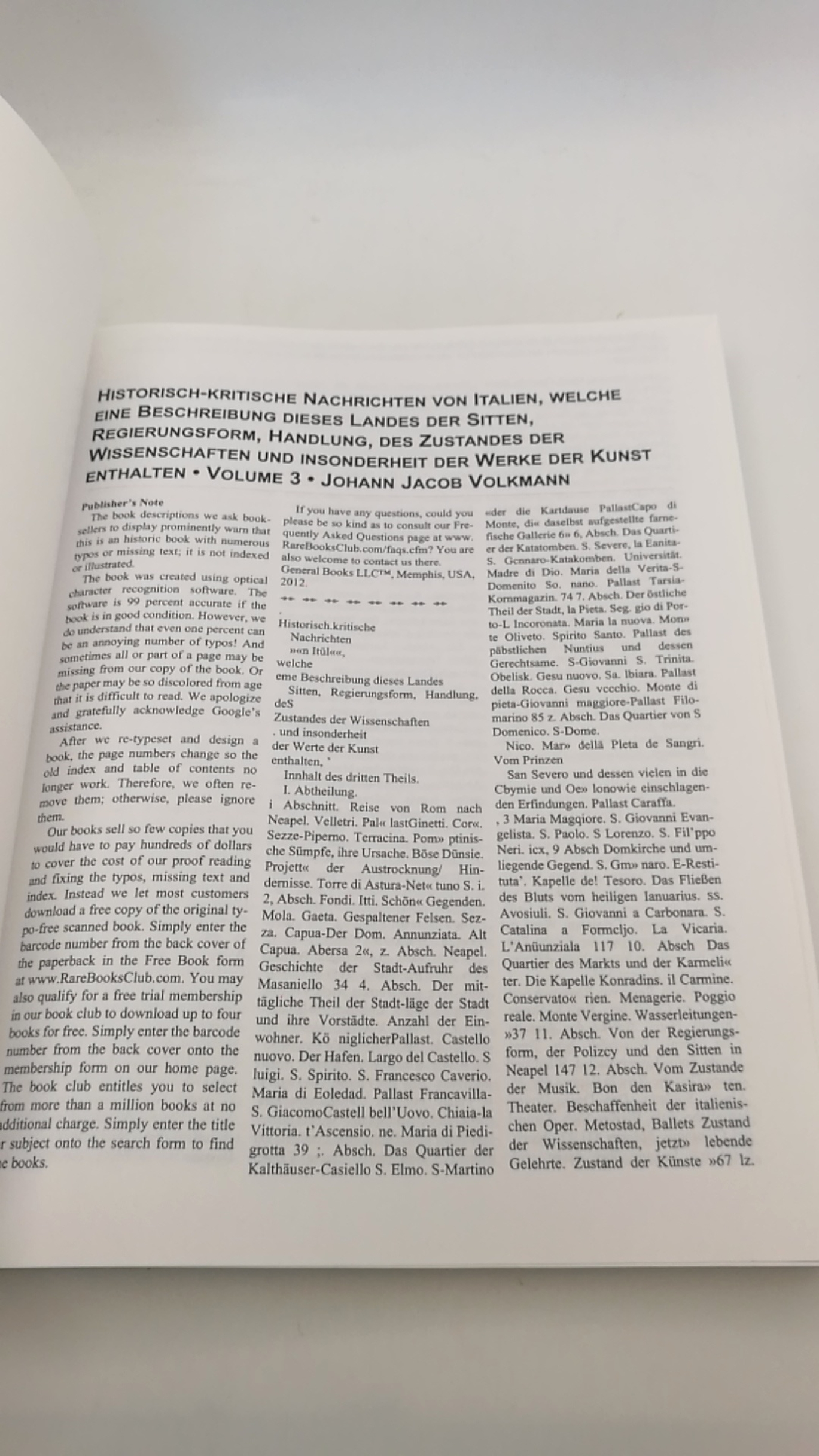 Volkmann, Johann Jacob: Historisch-Kritische Nachrichten Von Italien, Welche Eine Beschreibung Dieses Landes Der Sitten, Regierungsform, Handlung ... Volume 3 