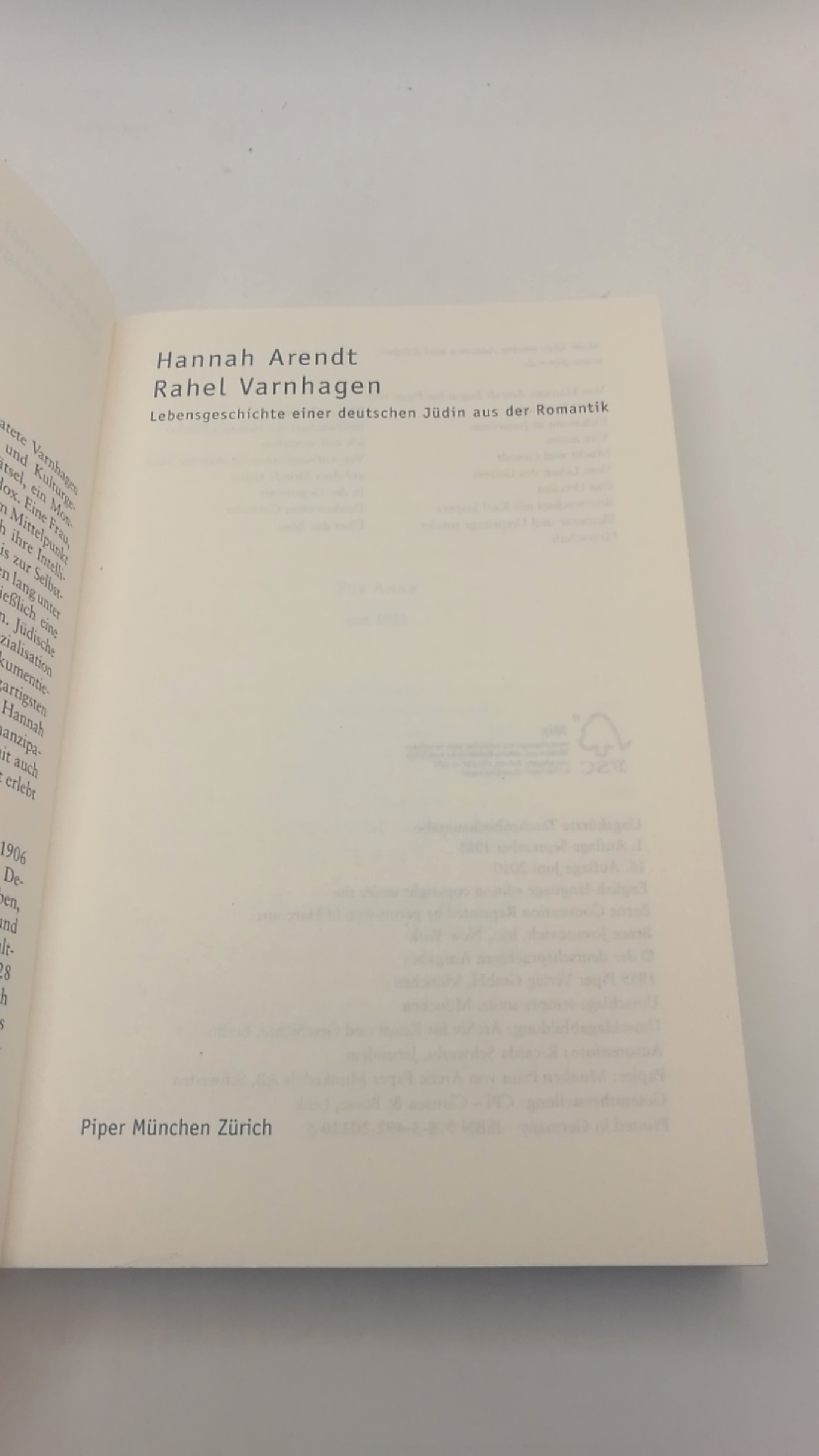 Arendt, Hannah: Rahel Varnhagen Lebensgeschichte einer deutschen Jüdin aus der Romantik