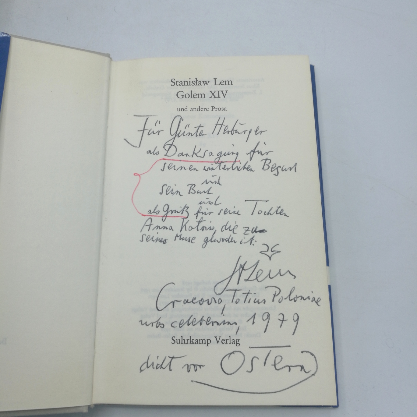 Lem, Stanislaw (Verfasser): Golem XIV [vierzehn] und andere Prosa. Mit Widmung und Signatur des Autors von 1979 [Autorisierte Übersetzung aus dem Polnischen von Klaus Staemmler ...]