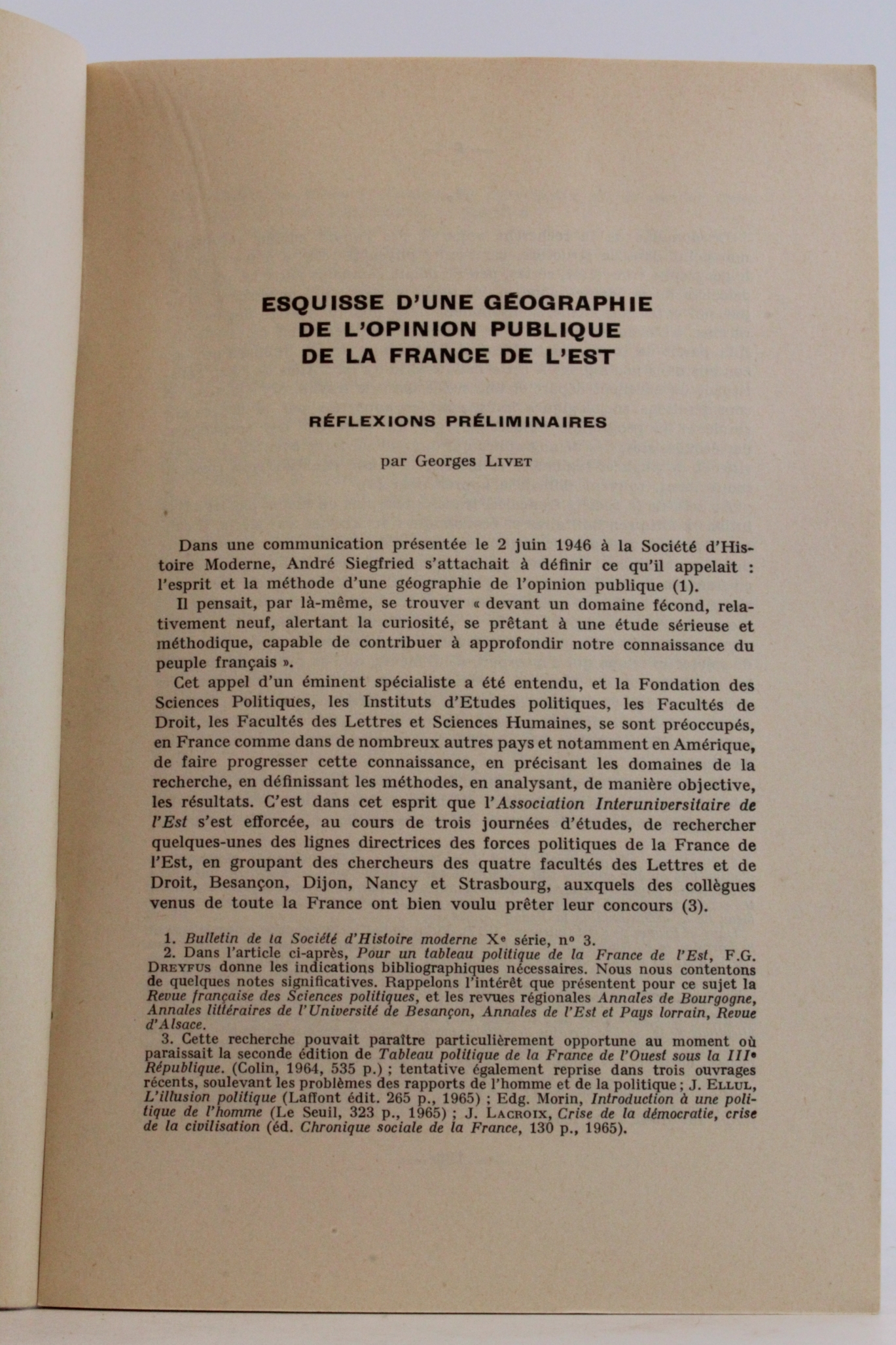 Livet, Georges: Esquisse d une geographie de l opinion publique de la France de l est Reflexions preliminaires