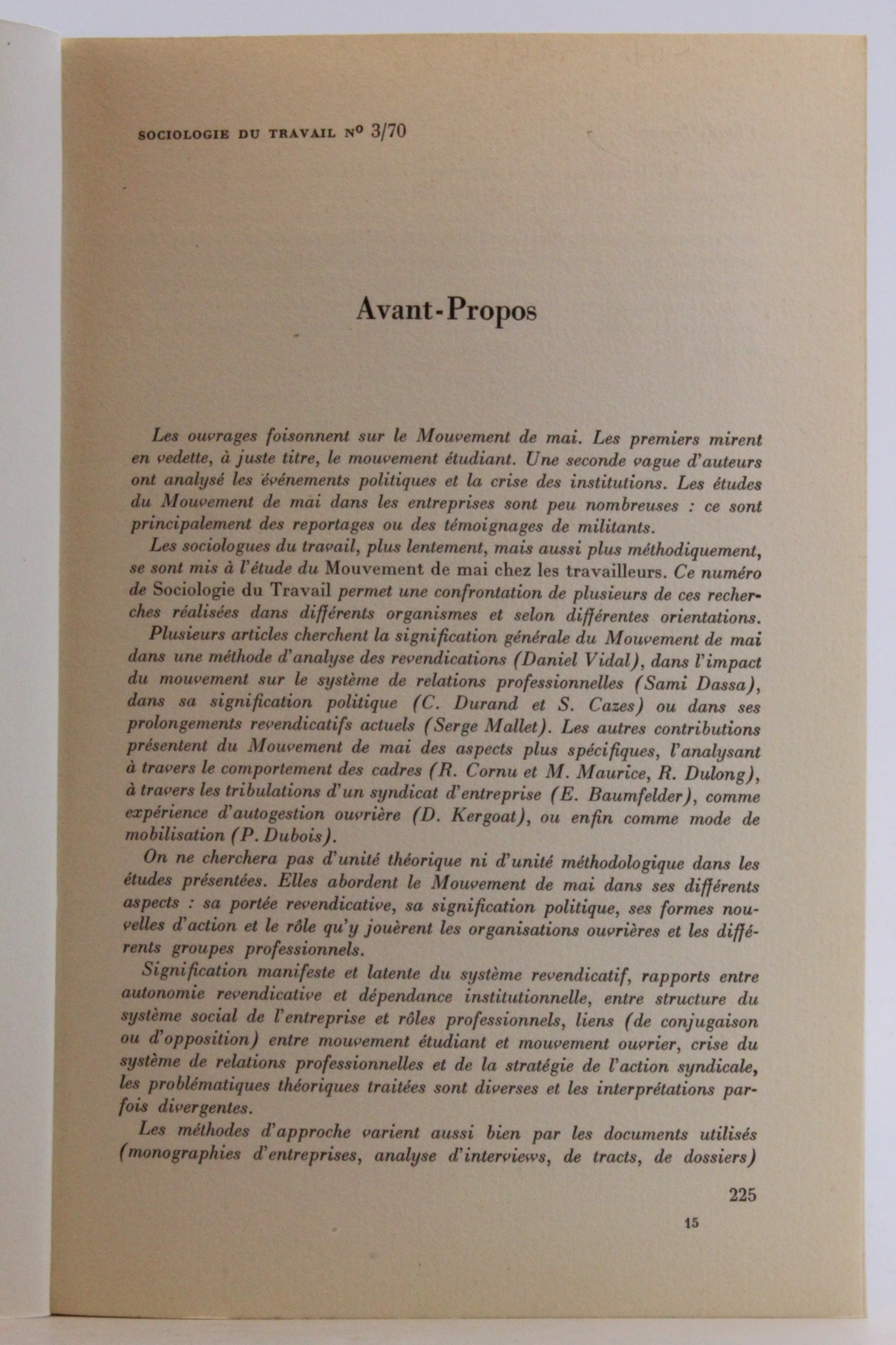 Sociologie du Travail No 3/70: Le mouvement ouvrier en mai 68