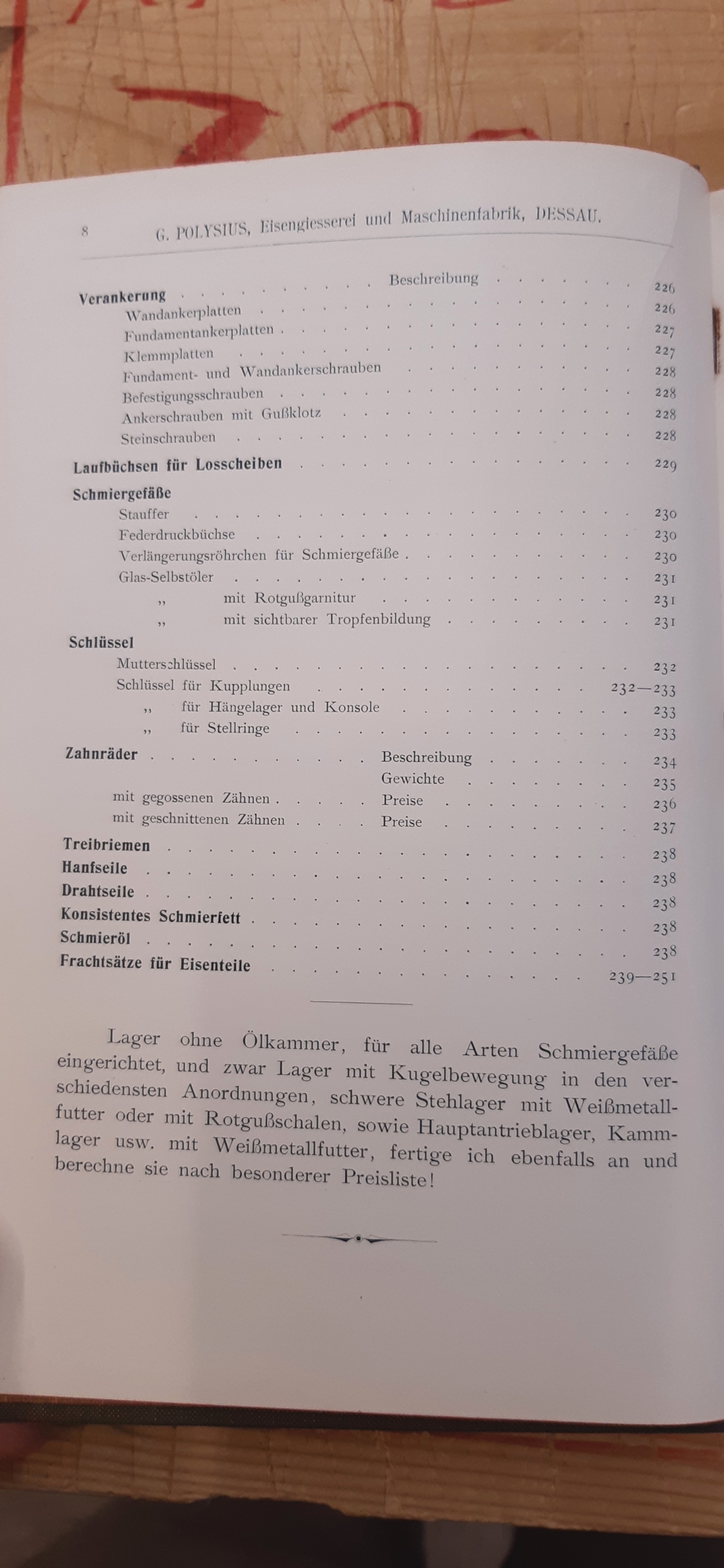 Polysius, G., : Vollständige Transmissionen. Eisengiesserei und Maschinenfabrik Dessau. Preisliste Nr. 165. Wellen aus Eisen und Stahl. Ölkammerlager mit Kugelbewegung. Ölkammerlager mit Rot- und Weißgußschalen. Ölkammer-Kammlager, Klemmkegel-, Scheiben-,