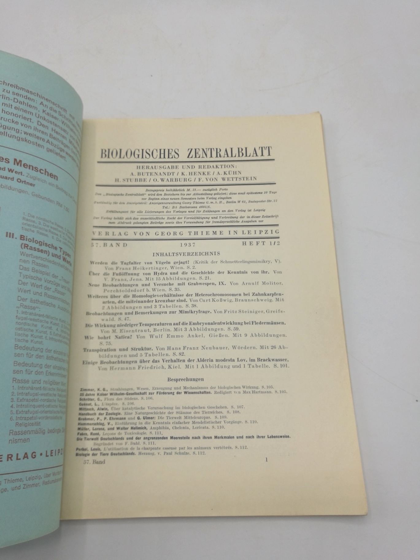 Butenandt et al (Hrsg.), A.: Biologisches Zentralblatt. 57. Band, Heft 1/2, 1937 Begründet von J. Rosenthal