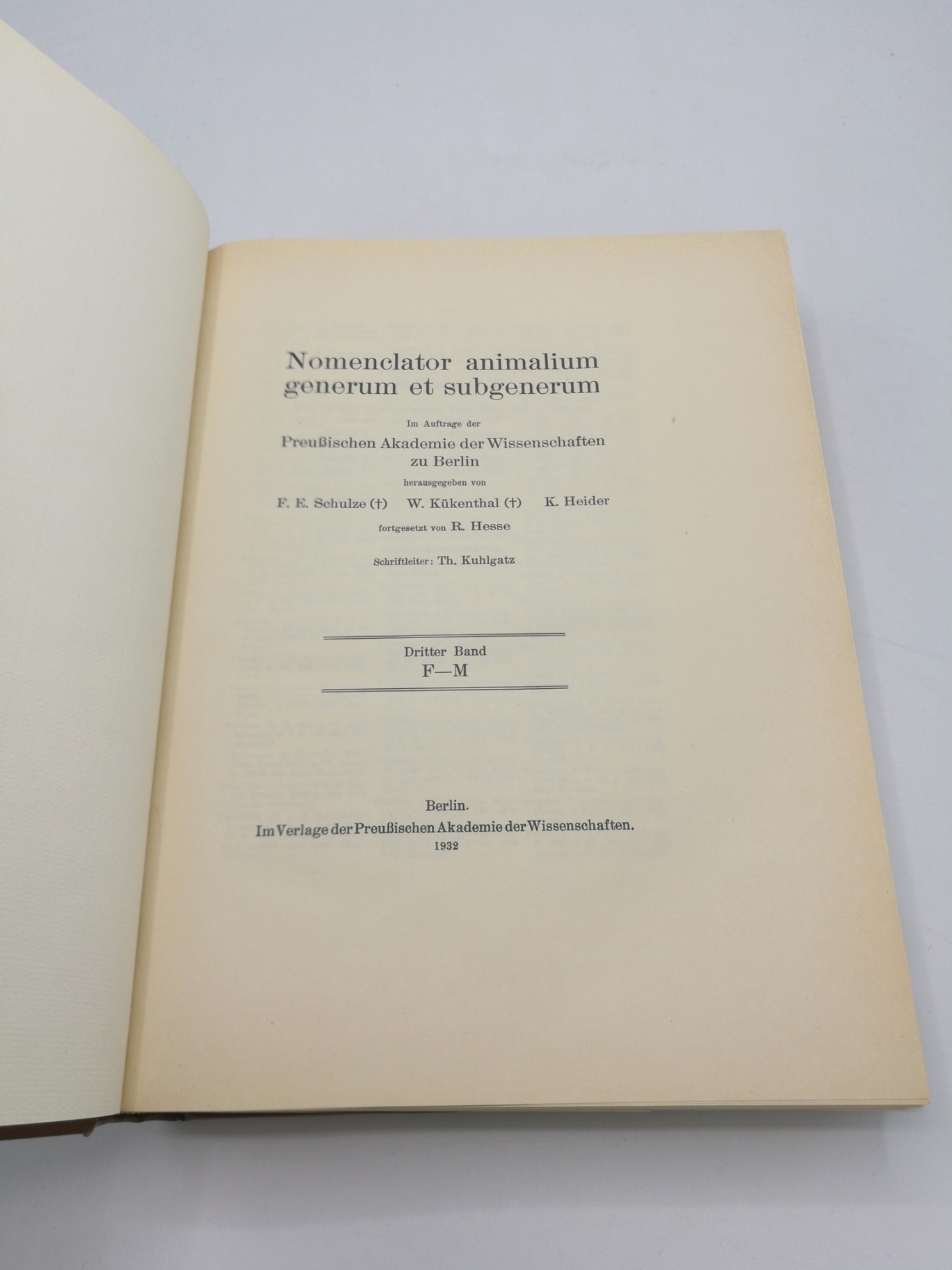 F.E. Schulze; W. Kükenthal et. al.: Nomenclator animalium generum et subgenerum. III. Band F-M Im Auftrage der Preussischen Akademie der Wissenschaften zu Berlin