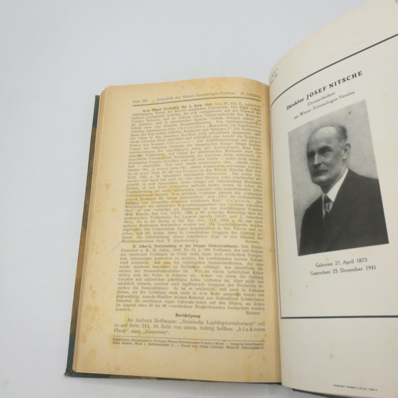 Wiener Entomologischen Gesellschaft (Hrsg.), : Zeitschrift d. Wiener Entomologischen-Vereins , XXVII. (27.) Jahrgang, 1942, Nr 1-12 (=vollst.). Gebunden! 