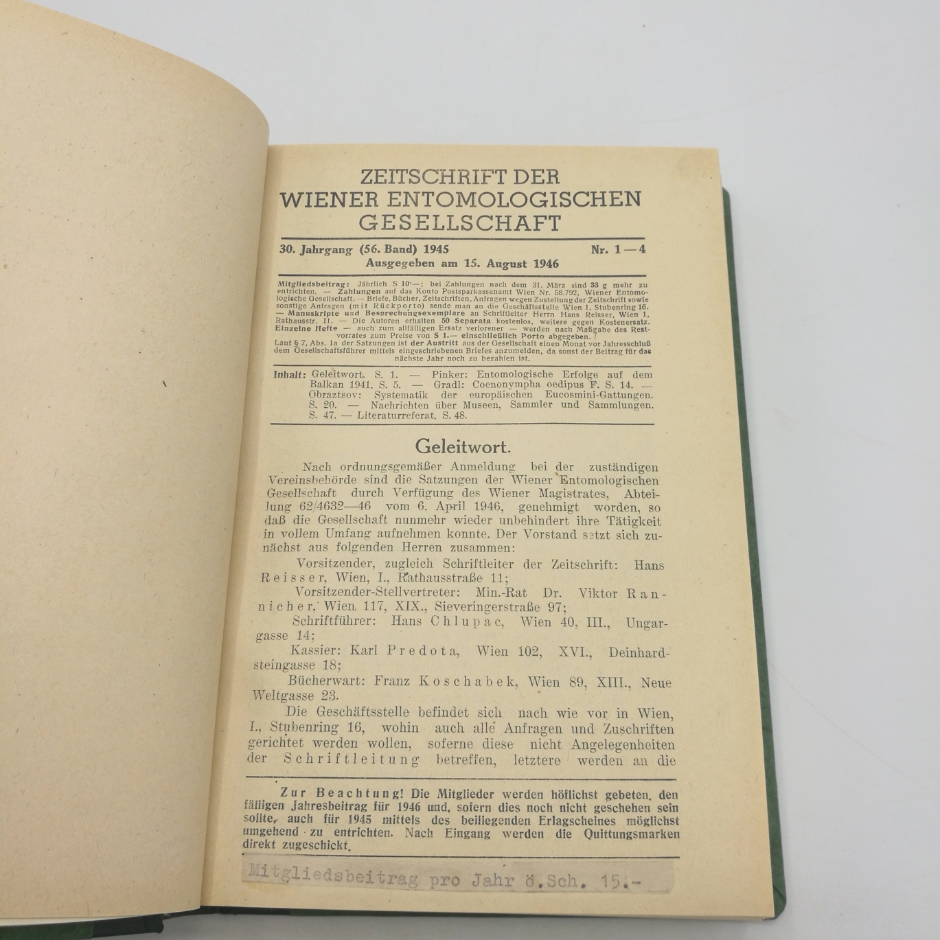 Wiener Entomologischen Gesellschaft (Hrsg.), : Zeitschrift d. Wiener Entomologischen Gesellschaft, XXX. (30.) - XXXII (32.) Jahrgang, 56. -58. Band, 1945-1947. 3 Jahrgänge gebunden (=vollständig)! 