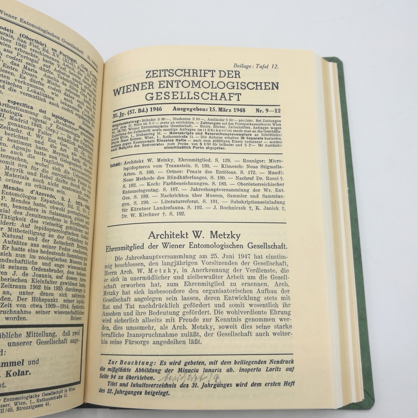 Wiener Entomologischen Gesellschaft (Hrsg.), : Zeitschrift d. Wiener Entomologischen Gesellschaft, XXX. (30.) - XXXII (32.) Jahrgang, 56. -58. Band, 1945-1947. 3 Jahrgänge gebunden (=vollständig)! 