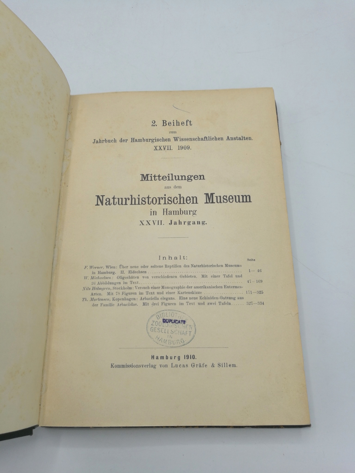 Naturhistorischen Museum Hamburg (Hrsg.): Mitteilungen aus dem Naturhistorischen Museum in Hamburg. XXVII. Jahrgang 2. Beiheft zum Jahrbuch der Hamburgischen Wissenschaftlichen Anstalten. XXVII. 1909