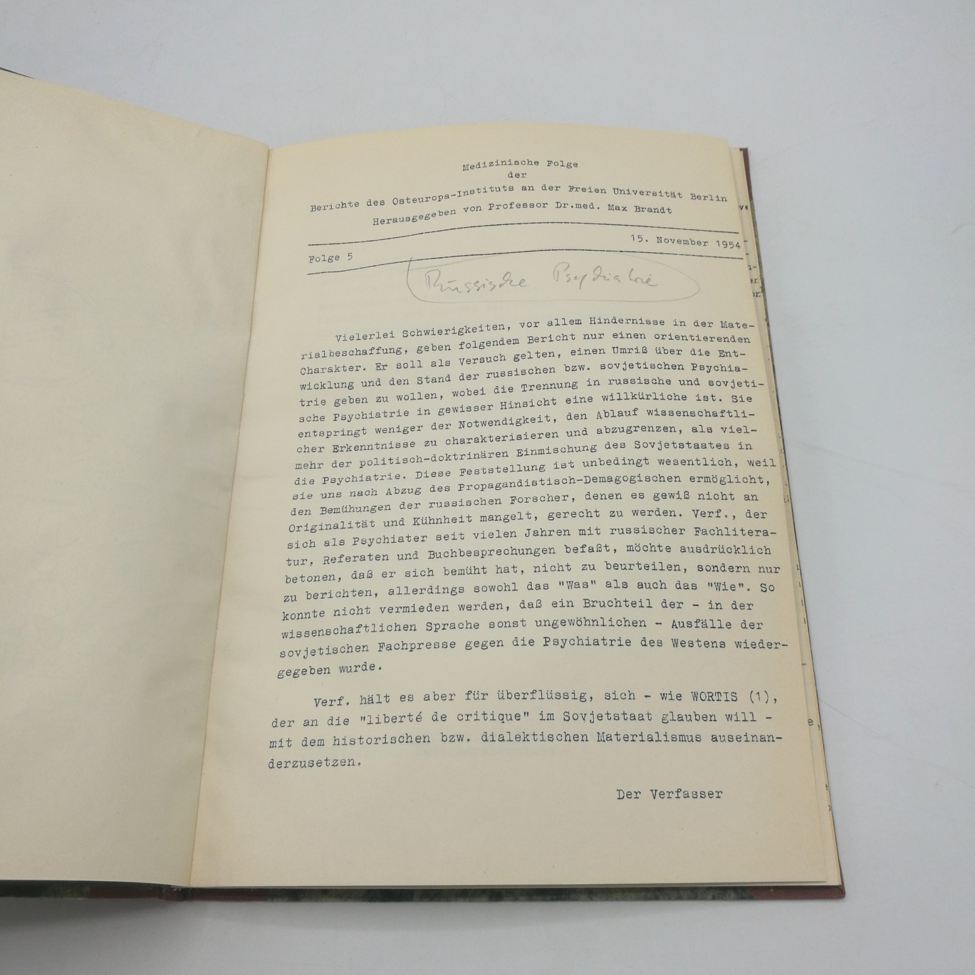 Brandt, Max (Hrsg.): Sobjetische Psychatrie. Medizinische Folge des Osteuropa-Instituts an der Freien Universität Berlin. Folge 5 Herausgegeben von Professor Dr. med. Max Brandt