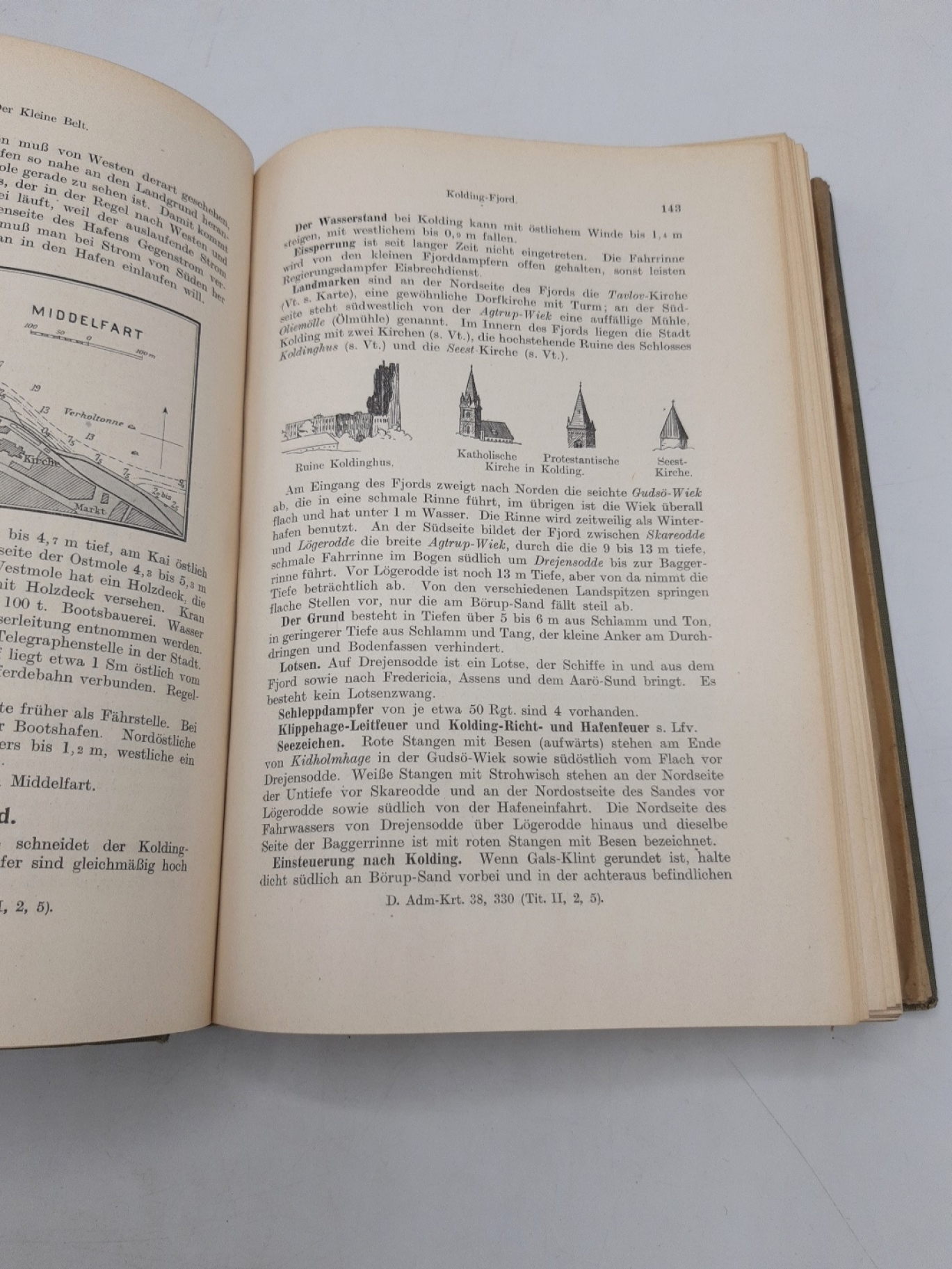 Reichs-Marine-Amt: Handbuch für Belte und Sund. Abgeschlossen mit "Nachrichten für Seefahrer". Ausgabe 29 vom 29. Juni 1918 Mit 1 Kartenübersicht, 1 Mißweisungskarte, 10 Tafeln, 73 Plänen und 276 Vertonungen im Text.