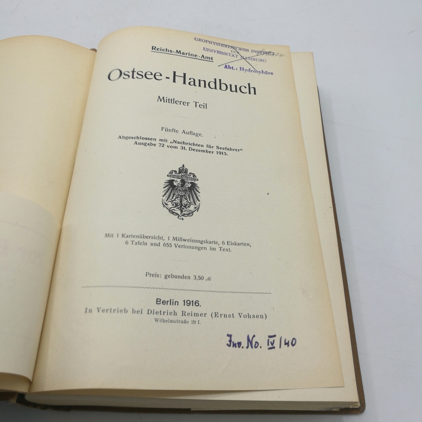 Reichs-Marine-Amt (Hrgs.), : Ostsee-Handbuch. Mittlerer Teil. [1 Band + 2 Broschüren = vollst.] Abgeschlossen mit "Nachrichten für Seefahrer" Ausgabe 72 vom 31. Dezember 1915.