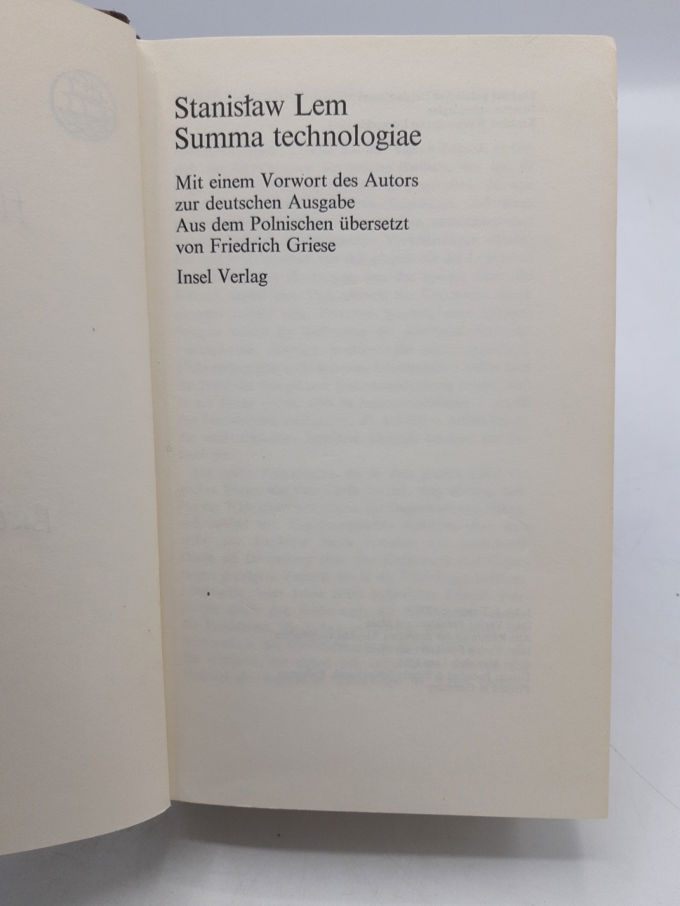 Lem, Stanislaw: Summa technologiae. SIGNIERTES WIDMUNGSEXEMPLAR. Mit einem Vorwort des Autors zur deutschen Ausgabe. Aus dem Polnischen übersetzt von Friedrich Griese.