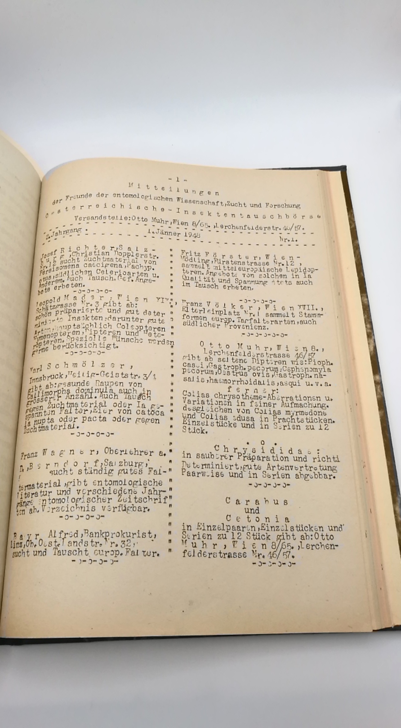 Muhr, 1947: Mitteilungen der Freunde der entomologischen Wissenschaft, Zucht und Forschung verbunden mit Oesterreichischen-Insektentauschbörse 1. Jahrgang 1947