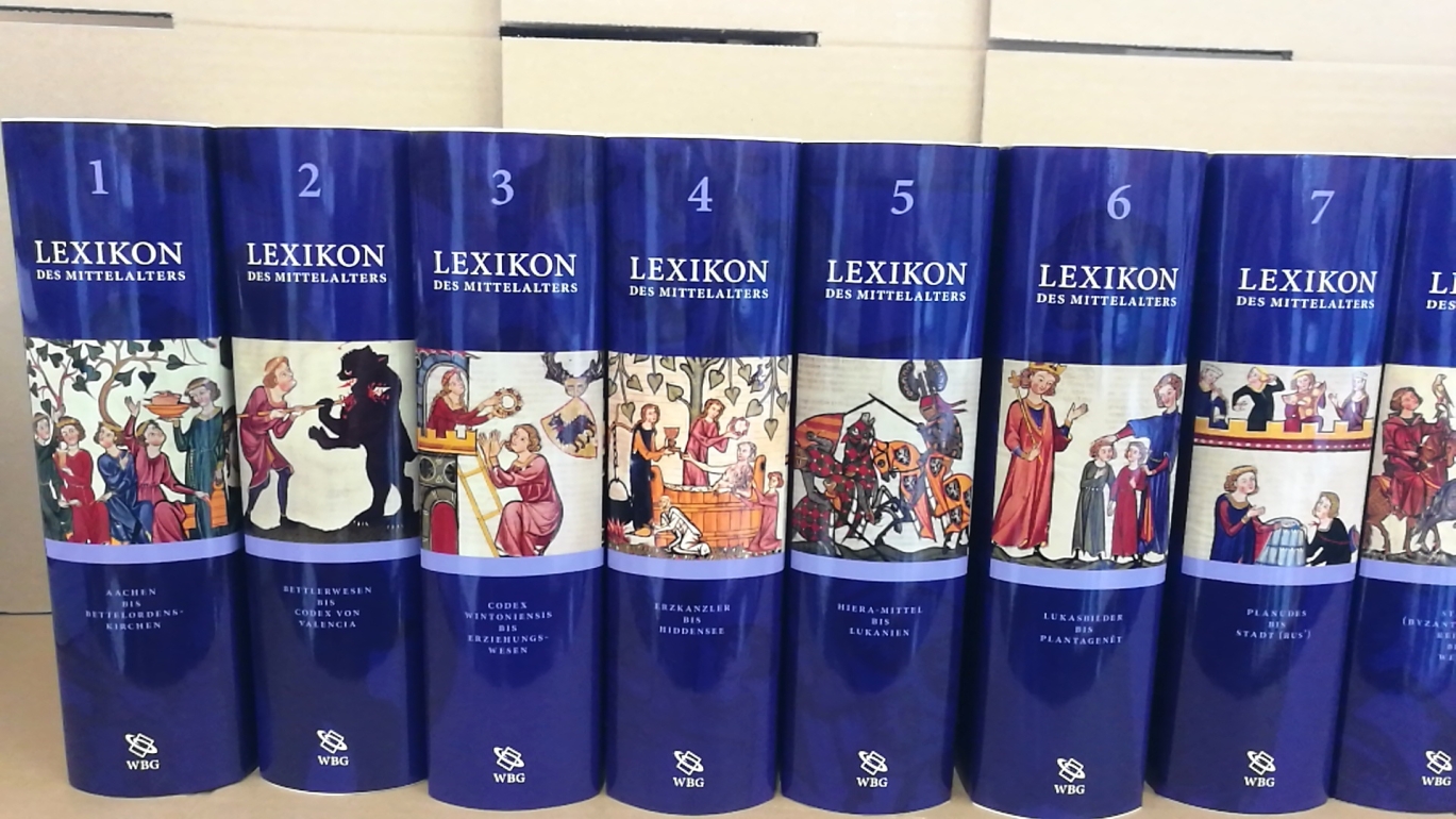 Bautier, Robert-Henri et. al.: Lexikon des Mittelalters. A - Z. Band 1 bis 9 + Mit Pinsel und Federkiel. Geschichte der Mittelalterlichen Buchmalerei = 10 Bände inkl. CD-Rom (diese ungeöffnet, unbenutzt).