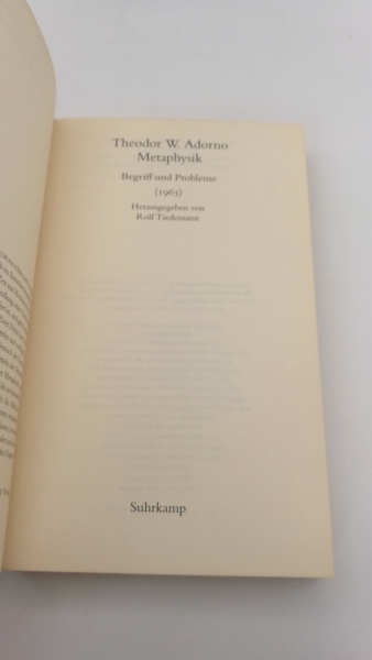 Tiedemann, Rolf (Herausgeber): Theodor W. Adorno. Metaphysik Begriff und Probleme