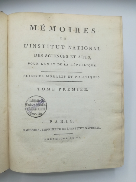 ohne Autor: Mémoires de l'Institut National des Sciences et Arts Sciences Morales et Politiques. Tome 1 - Tome 5