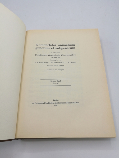 F.E. Schulze; W. Kükenthal et. al.: Nomenclator animalium generum et subgenerum. III. Band F-M Im Auftrage der Preussischen Akademie der Wissenschaften zu Berlin