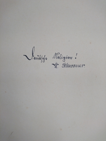 Wilhelm Schwaner (Herausgeber): Germanen-Bibel. Aus heiligen Schriften germanischer Völker Handgezeichnetes nummeriertes Prachtexemplar (Nr. 63). Auf dem Vorsatz von Schwaner mit den Worten "Deutsche Religion!" signiert.