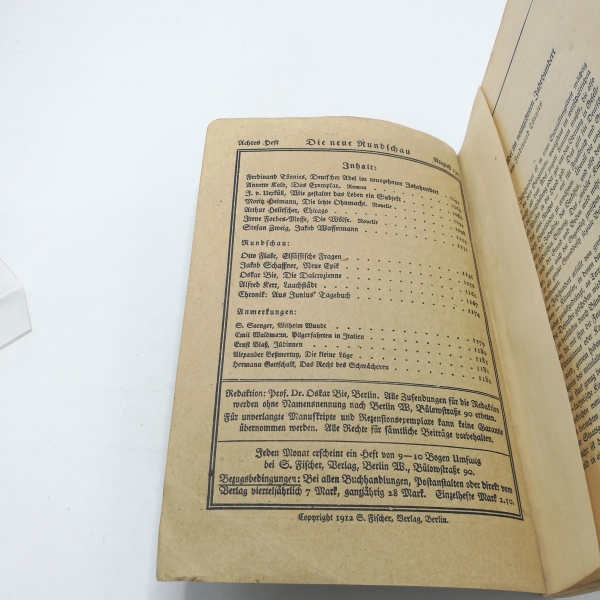 [Bie], [Oskar] (Hrsg.): Die neue Rundschau. XXIIIter [23.] Jahrgang der freien Bühne. 8. Heft/ August 1912 