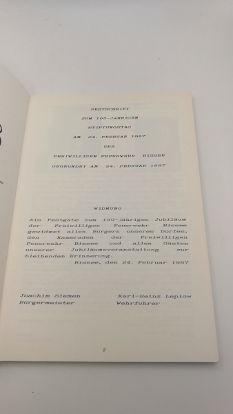 Freiwillige Feuerwehr Bissee (Hrgs.): Festschrift. 1887-1987 Freiwillige Feuerwehr Bissee. 100 Jahre